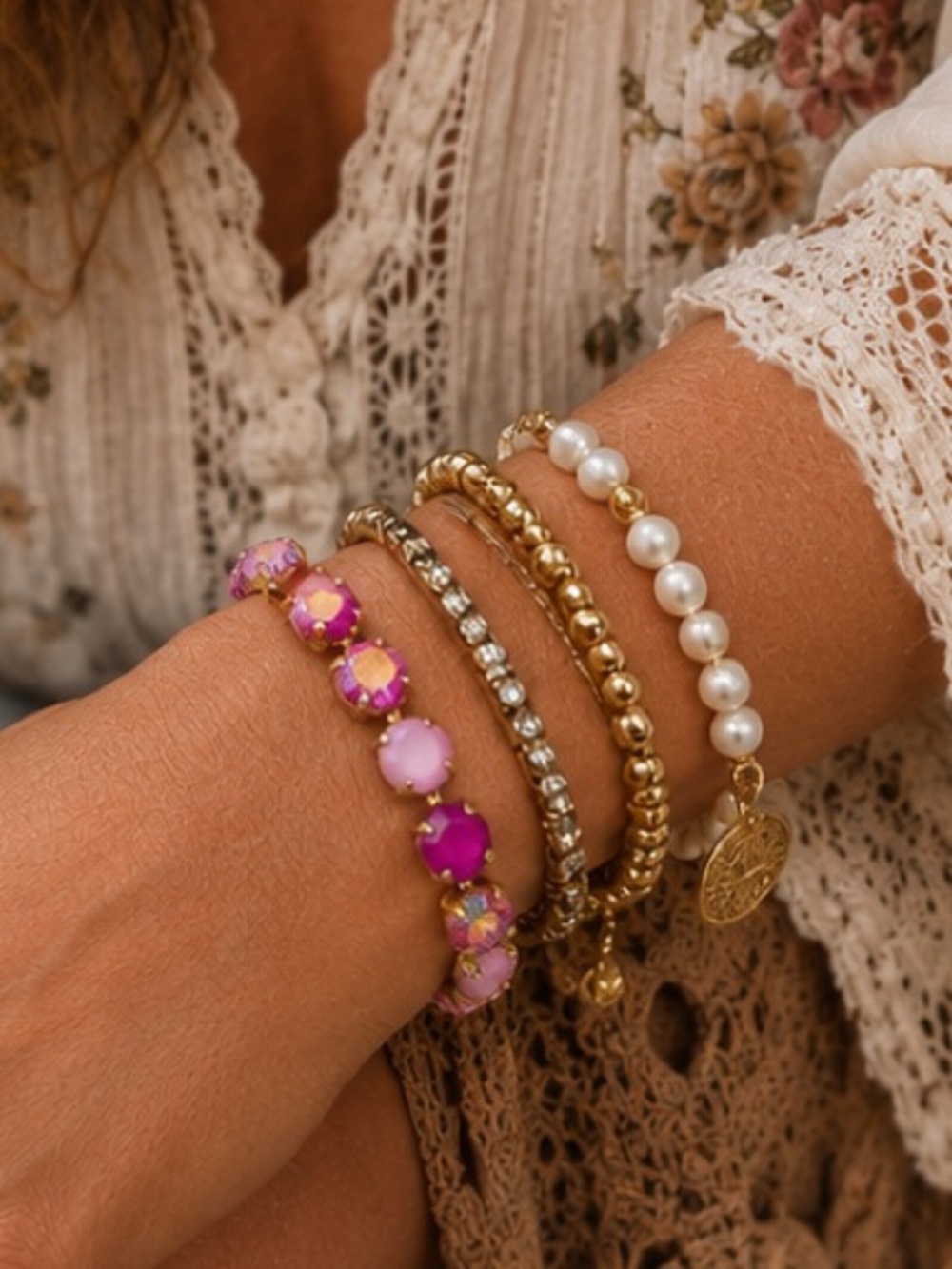 Pink Crystal Bracelet Gold Tone Adjustable Rhinestone Bracelet